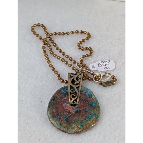 Raku donut pendant+17 ball chain handmade artisan brass ethnic boho hippie NWT - Picture 3 of 6